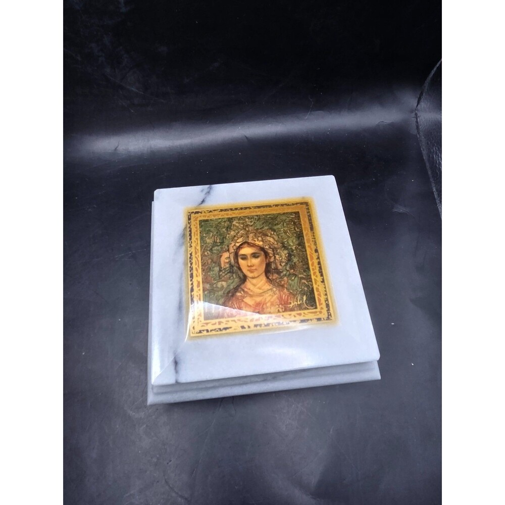 Vintage Marble Trinket Box Lid White Beautiful Woman Portrait Stone Jewelry Box